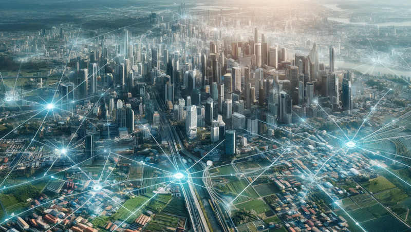 A city with glowing hubs and lines signifying wireless network connectivity