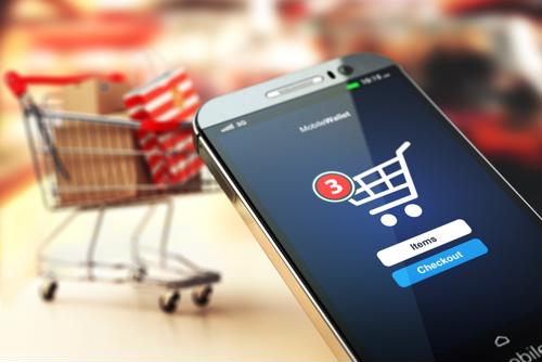 In-store shopping cart and a digital shopping cart on a smart phone.