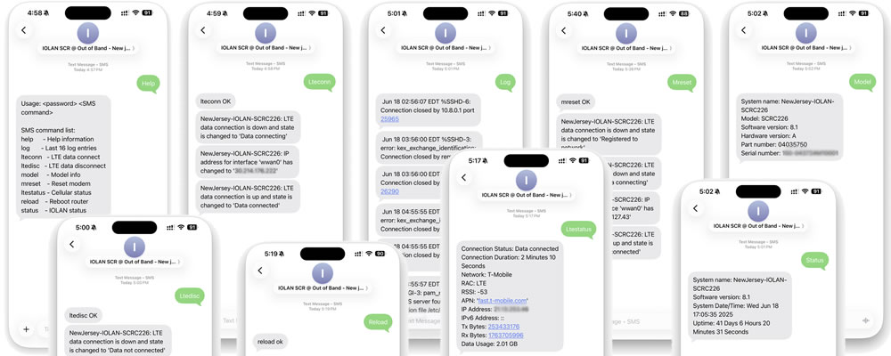 Multiple screenshots of SMS messages sent to IOLAN