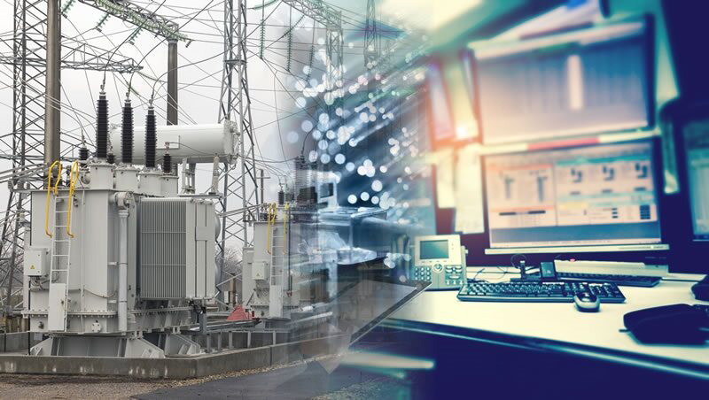 Illustration en écran partagé montrant une sous-station à gauche et une salle de contrôle de réseau intelligent à droite.