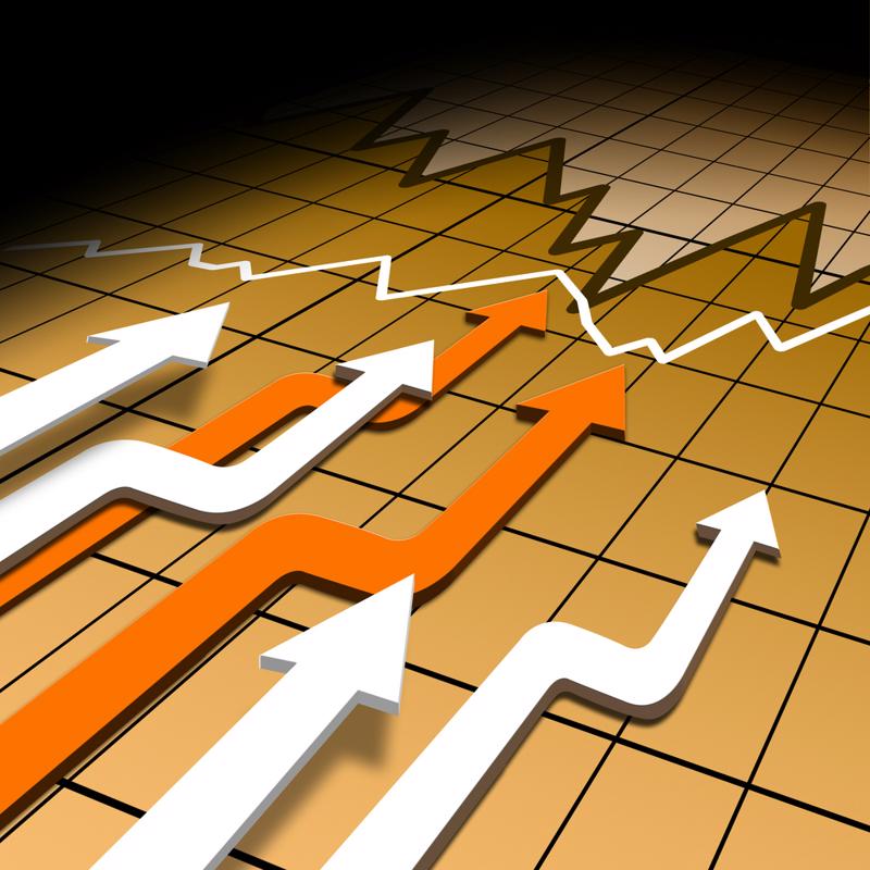 Graph with vertical orange and white arrows indicating growth