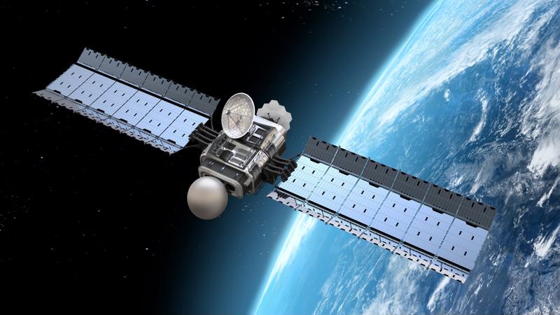 Satellite floats in orbit around the earth.
