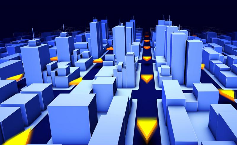 Virtual city with arrows pointing to optimal travel routes.