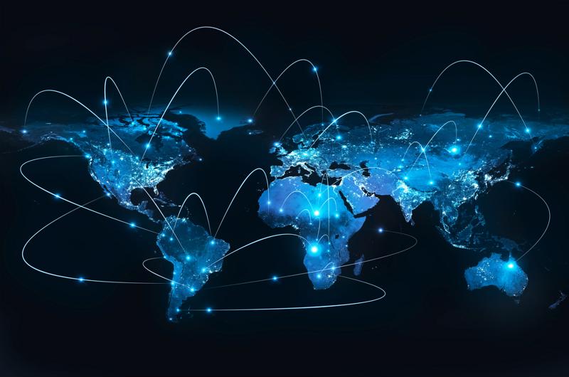 Digital map of the world with dots and interconnected lines.