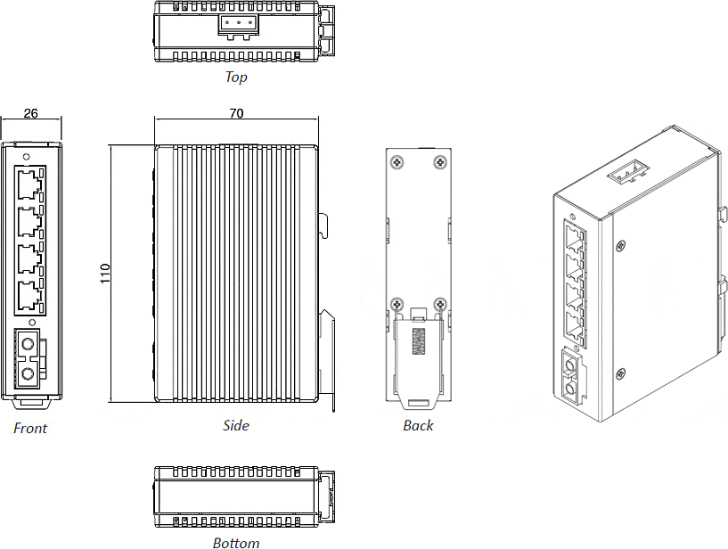 Mechanical drawings of IDS-104FE Industrial Ethernet Switches