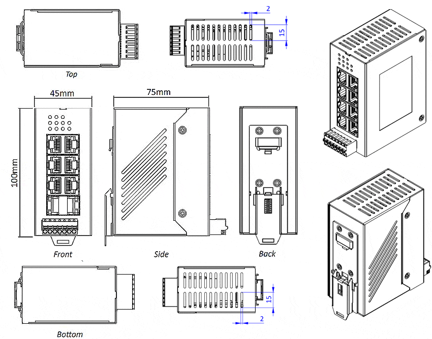 Mechanical drawings of IDS-106GE Industrial Gigabit Switches