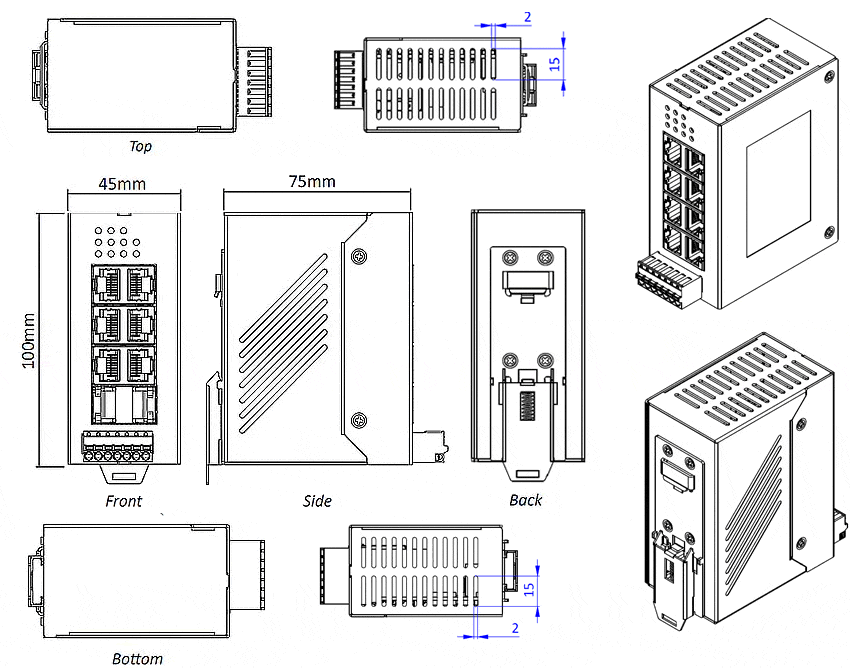 Mechanical Drawings von IDS-106FE Industrielle Ethernet-Switches