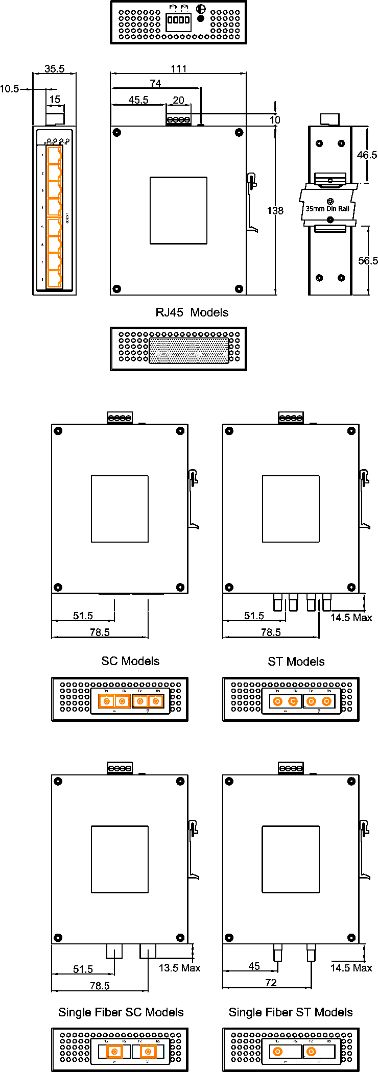 IDS-108F with Standard DIN Rail Mechanical Drawing