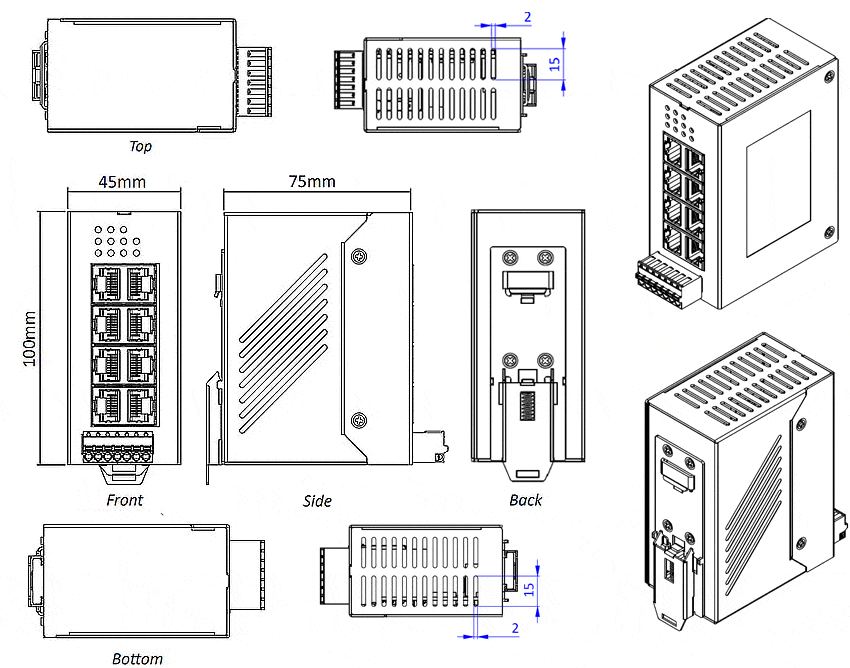 Mechanical drawings of IDS-108GE Industrial Gigabit Switches